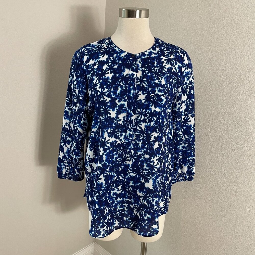 NYDJ Womens Medium Blue White Floral Blouse 3/4 Sleeve Shirt‎ Top